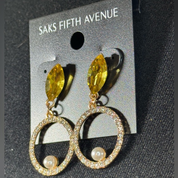 Saks Fifth Ave Yellow Marquis Crystal Post Drop Pave Crystal Circle w/Faux Pearl - Picture 3 of 8
